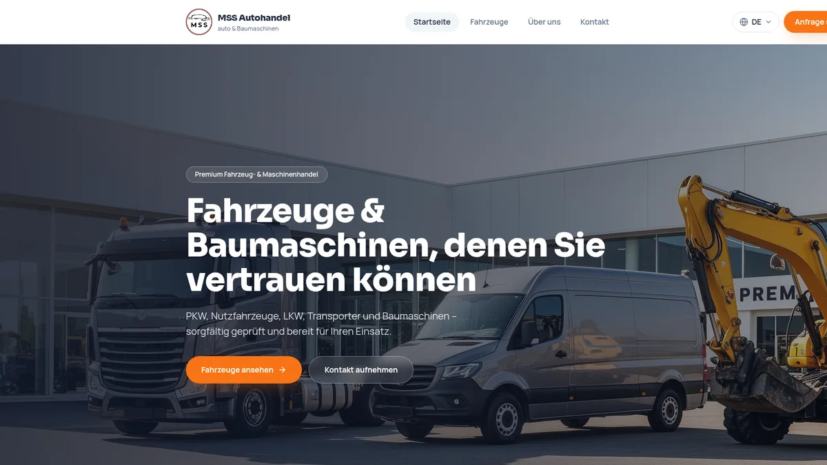 Startseite von MSS Autohandel — Hero-Bereich mit Fahrzeugen und Baumaschinen